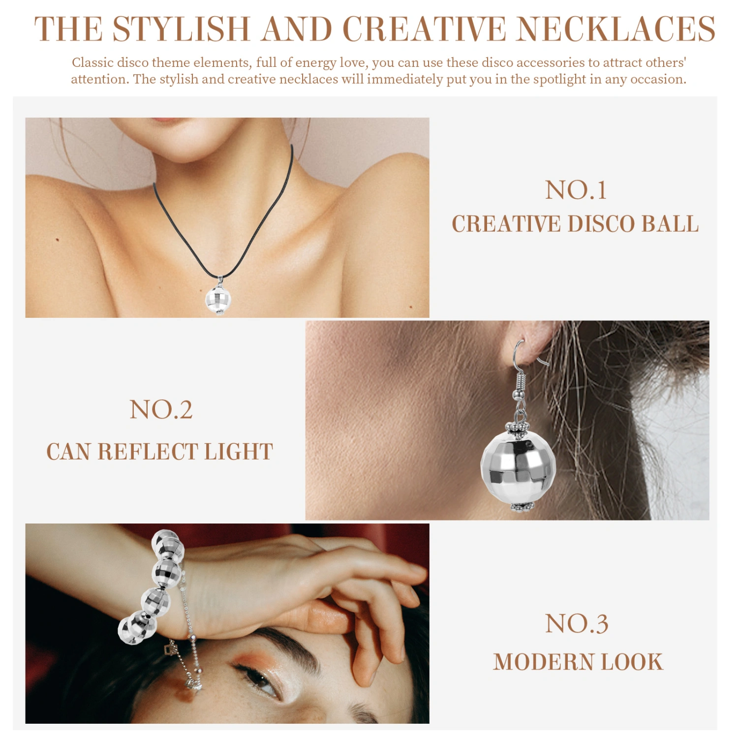 1 Set of  Silver Disco Necklace Dancing Party Decorations Disco Balls Bracelet and Earrings