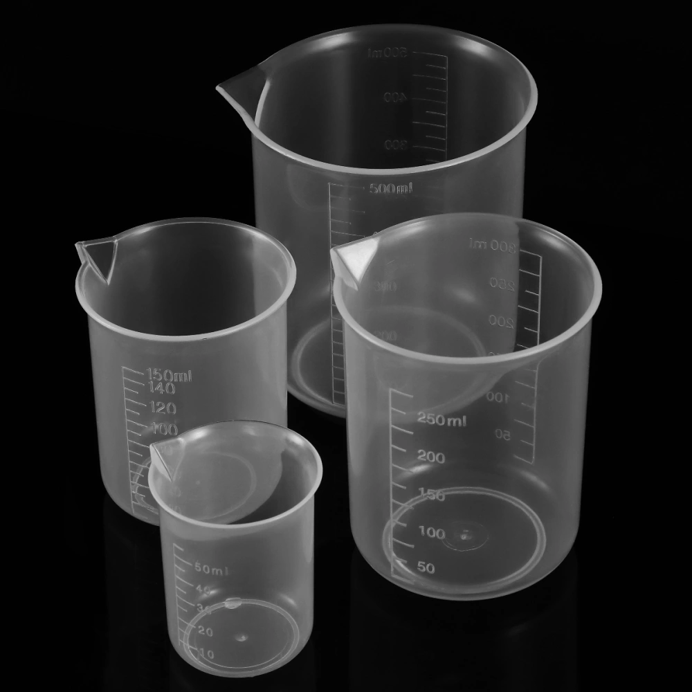 NUOLUX 4pcs 50ml / 150ml / 250ml / 500ml Plastic Graduated Beakers (Transparent)