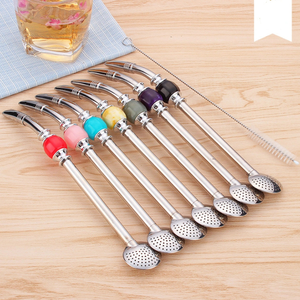 1 Set Stainless Steel Colorful Straw 2 Spoon 2 Brush Practical Mate Tea Straw Set (Mixed Color)