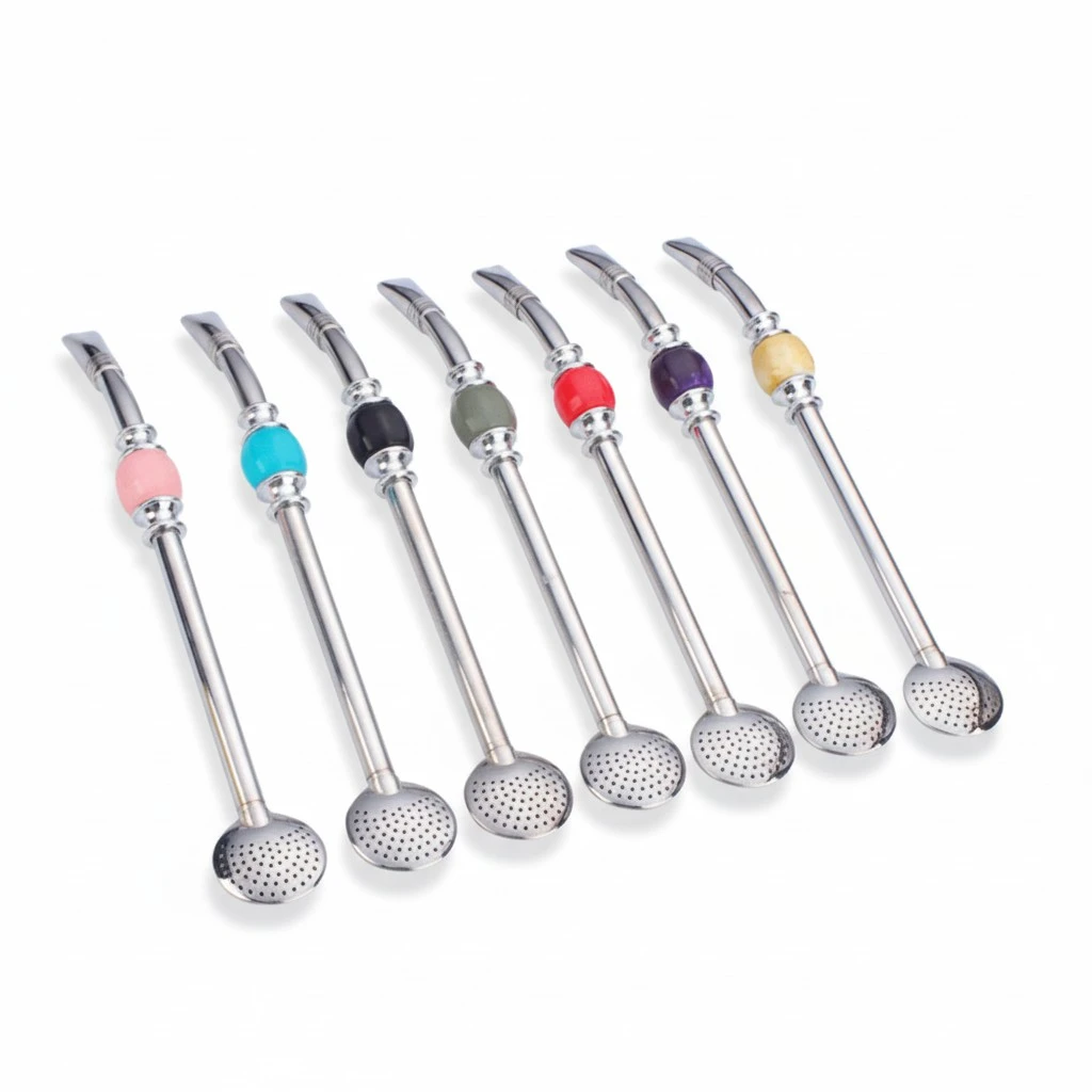 1 Set Stainless Steel Colorful Straw 2 Spoon 2 Brush Practical Mate Tea Straw Set (Mixed Color)