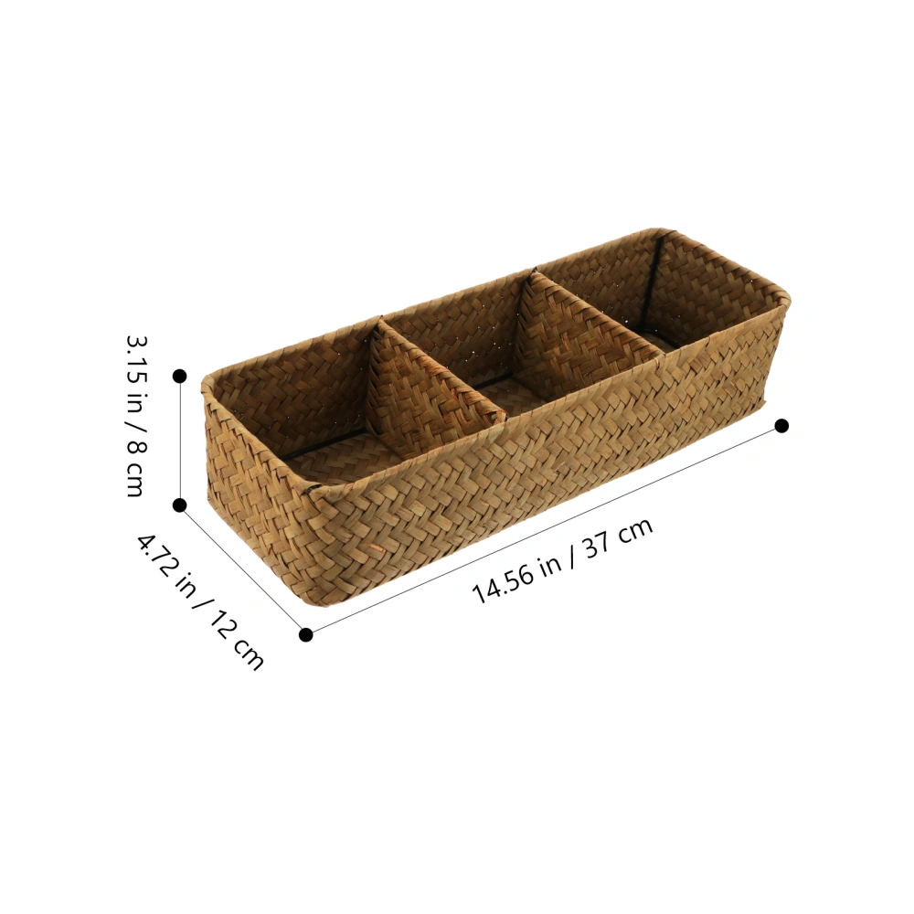 1pc 3 Compartments Home Storage Box Sea Grass Woven Sundries Storage Case