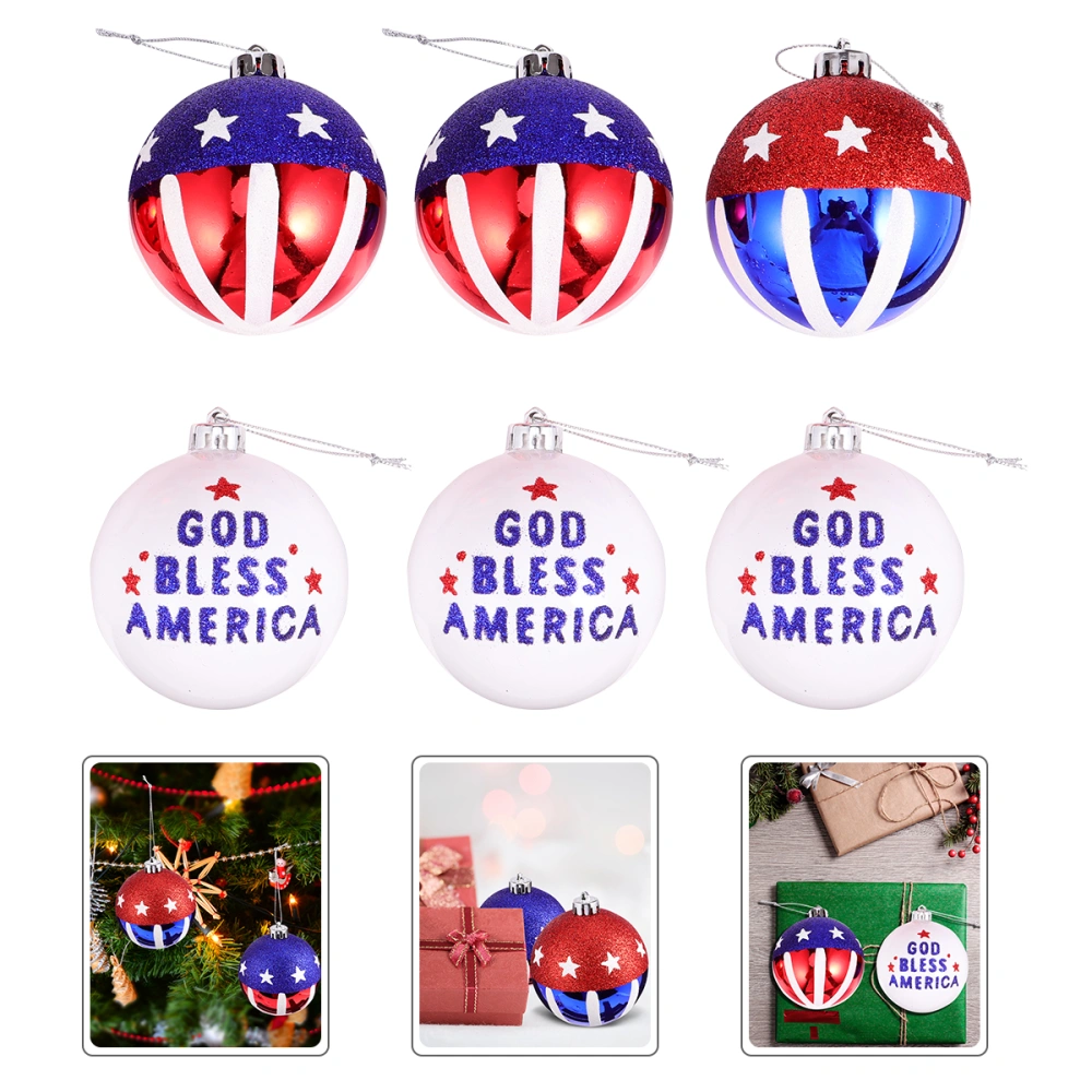 1 Box of 6pcs 4th of July Pendants American Flag Pattern Hanging Ball Decor Plastic Colored Balls (Round)