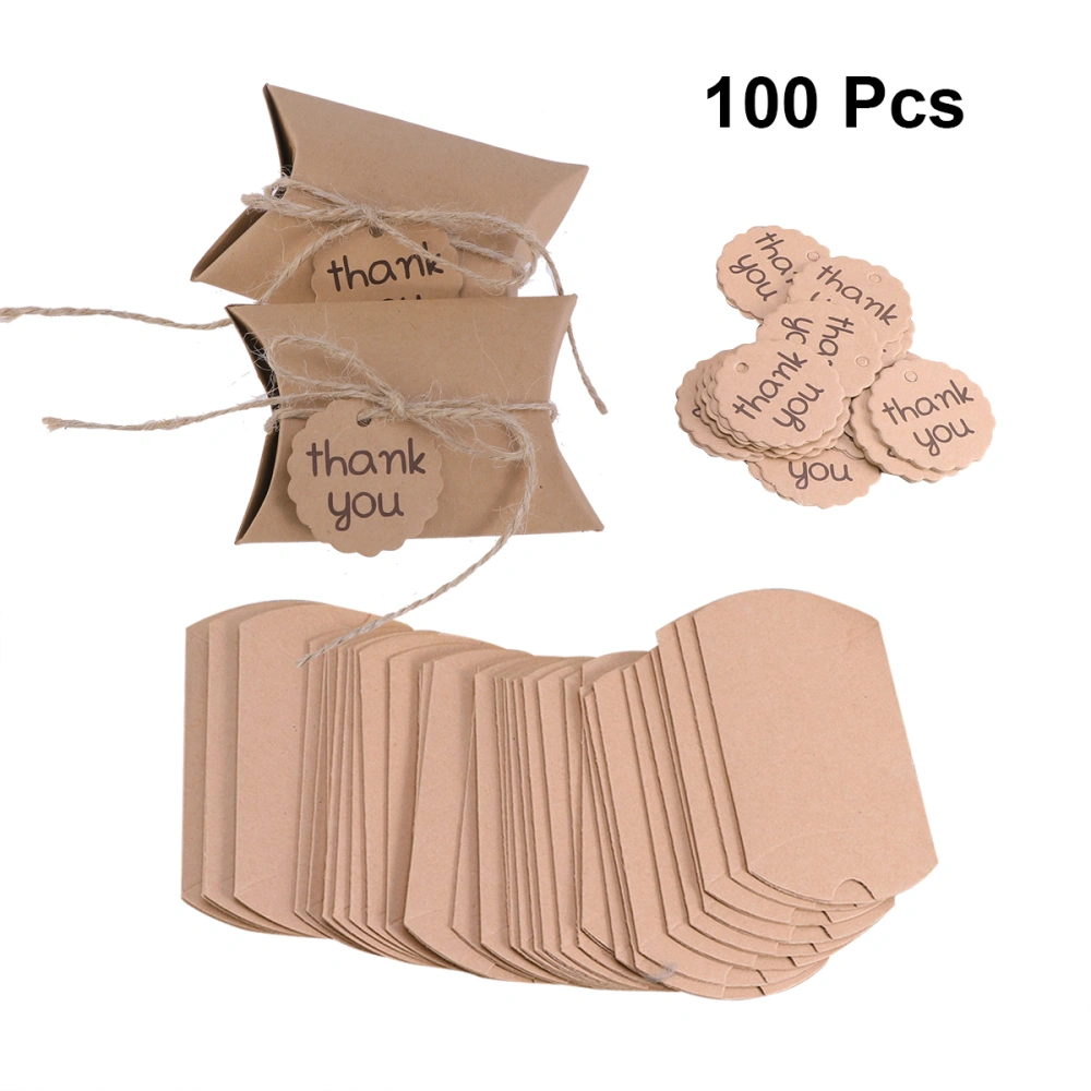 100pcs/50 Sets Creative Thank You Candy Boxes Kraft Paper Packaging Gift Treats Goodies Boxes Party Supplies (Pillow Shape)