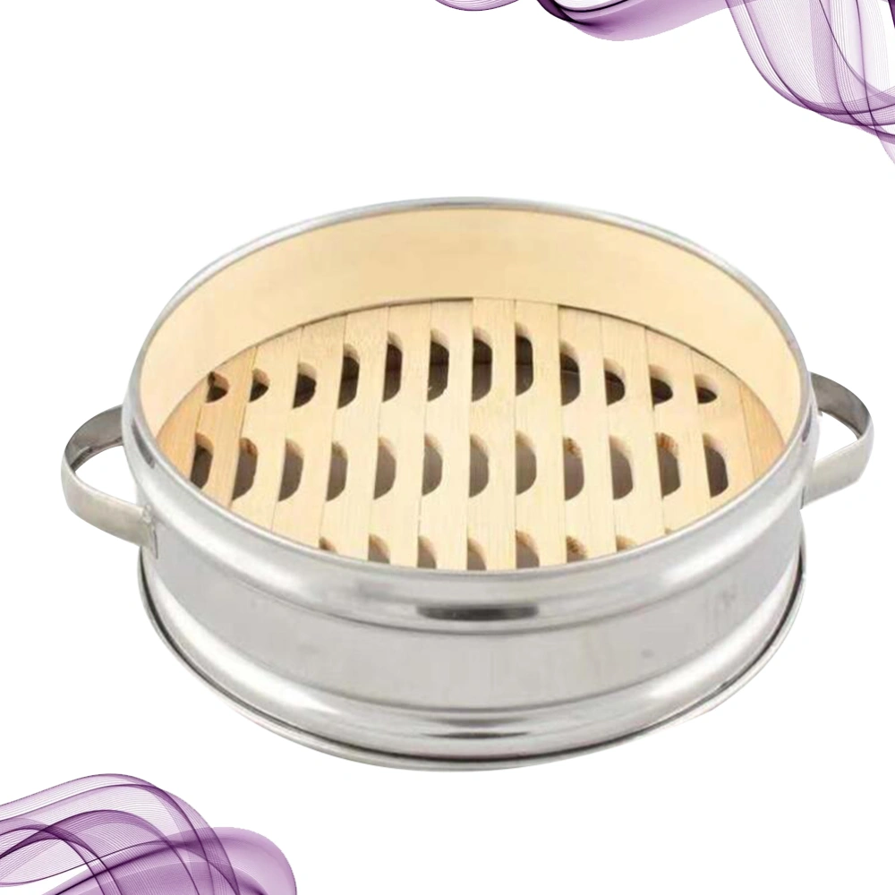 Two Handles Stainless Steel Steamer Basket Bamboo Bottom Steam Rack Portable Steamer Box for Steamed Buns Kitchen (22cm) 