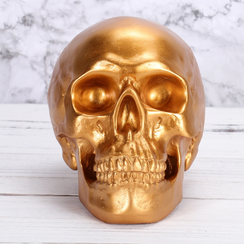 Halloween Simulation Skull Head Ornament Golden Resin Piggy Bank Desktop Decoration for Home Office (Golden)