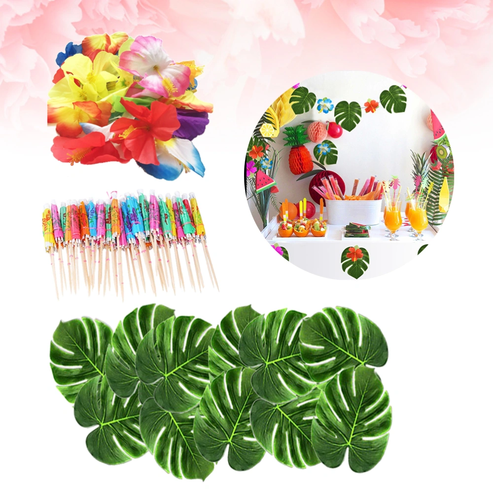 Artificial Tropical Palm Leaves Petal Silk Flower Decoration Set for Hawaiian Theme Party Cocktail Birthday Party(24 Medium Turtle Leaves, 24 Hibiscus Petals, 50 Small Umbrella Fruit Signs)