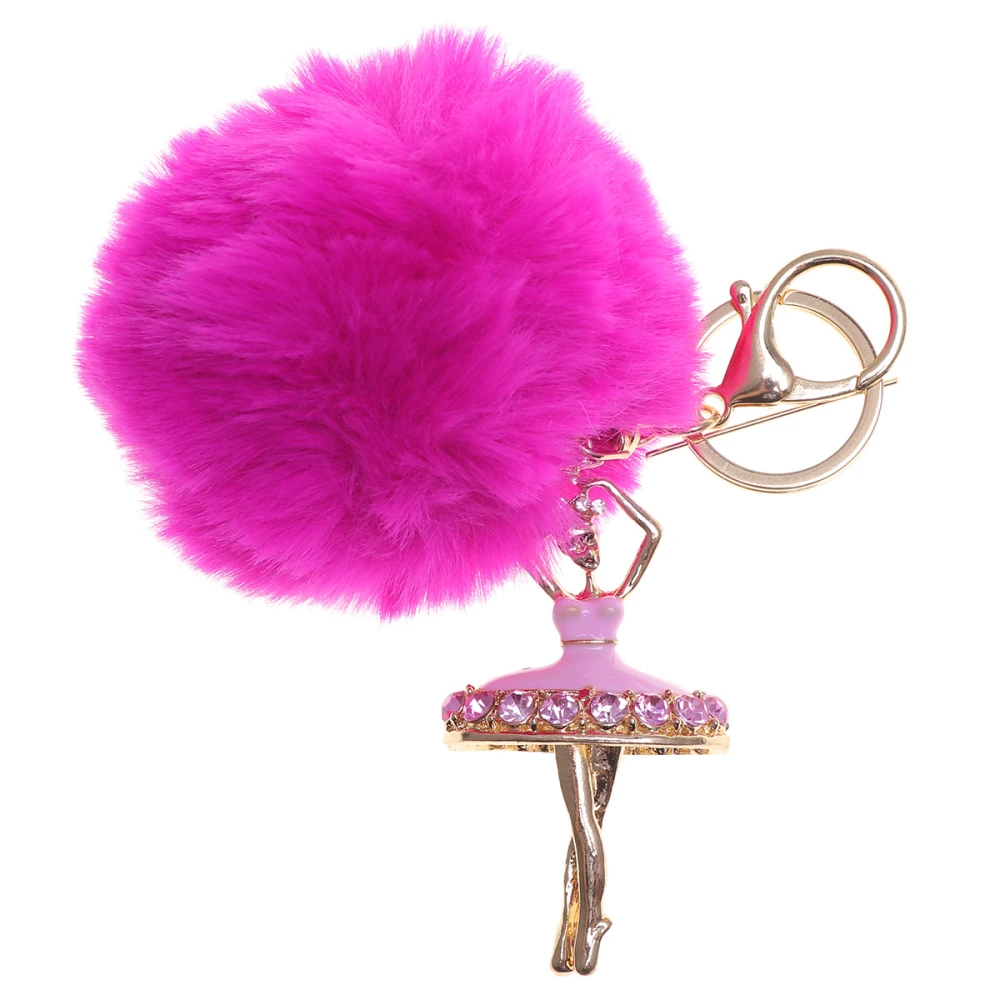 Lovely Crystal Ballet Girl Keychains Dancing Angel Fluffy Puff Ball Pendant Fur Key Chain Car Styling Bag Jewelry Pompom Keyring (Rose Red)