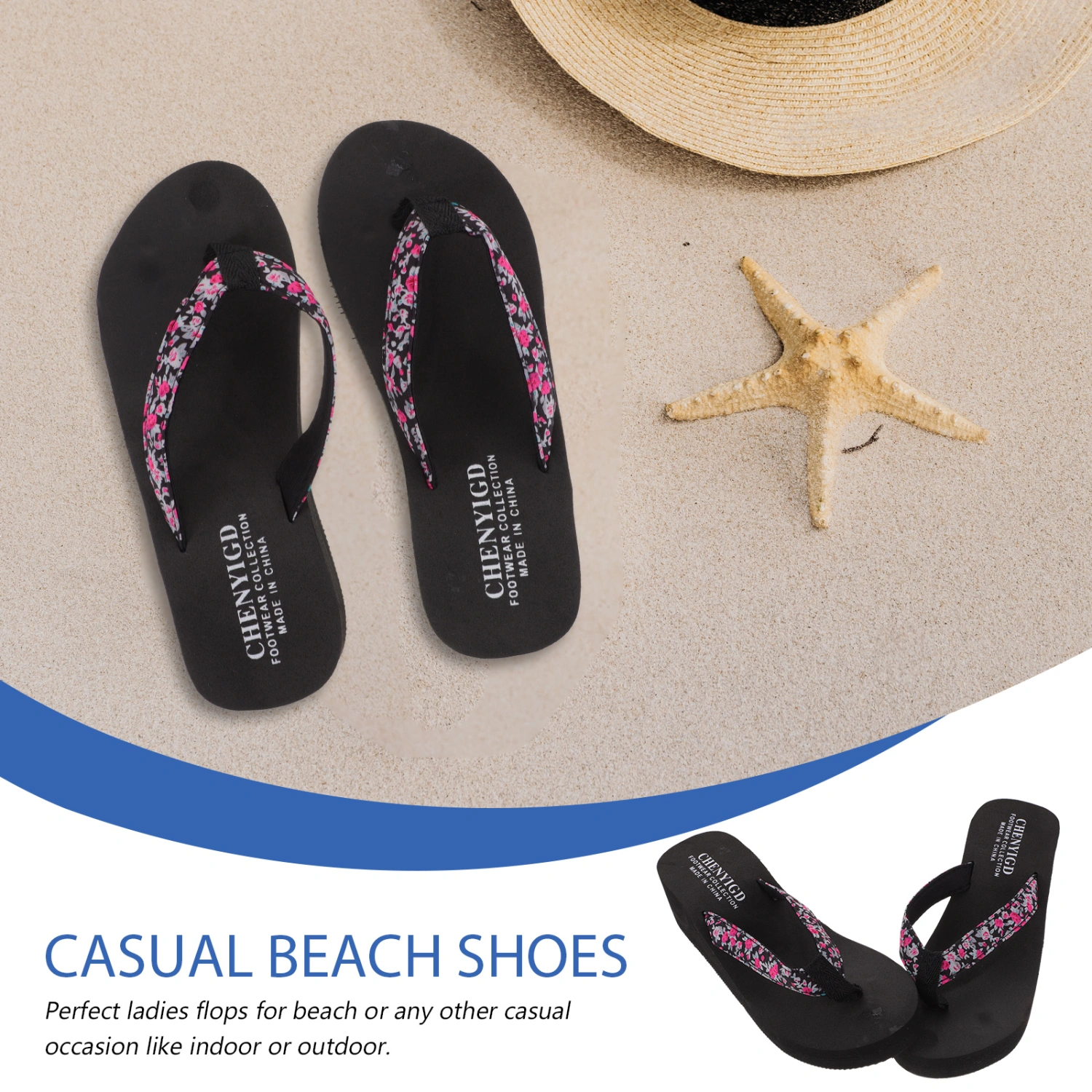 1 Pair Summer Women Wedge Heel Slippers Sandals Thick-Bottom Casual Beach Walk Shoes Beach Flip-flops Comfortable Sandals for Indoor Outdoor (Black Floral Style Size 38 24cm Length 7US 4.5UK 38EU 9.432 Inch)