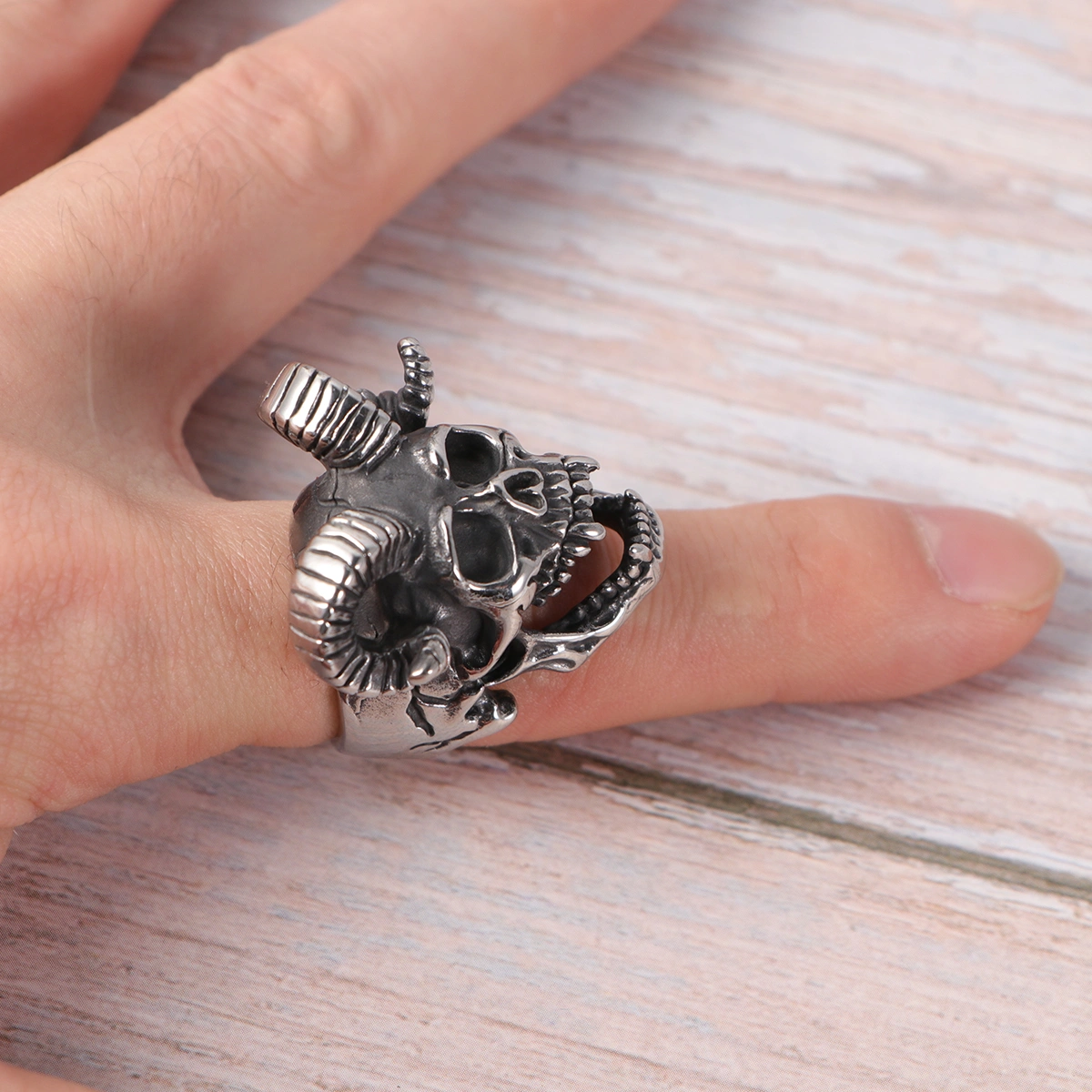 Punk Ram Skull Finger Ring Man Stainless Steel Finger Ring Animal Shape Ring Supplies Size 8