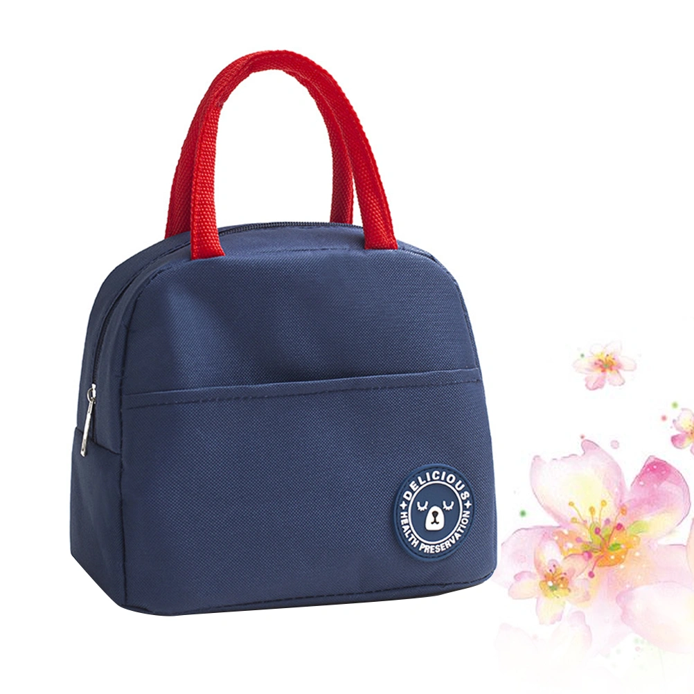 1pc Simple Lunch Bag Bento Box Holder Portable Lunch Pouch Meal Thermal Bag Canvas Lunch Bag for School Office Navy (Logo Pattern for Random)