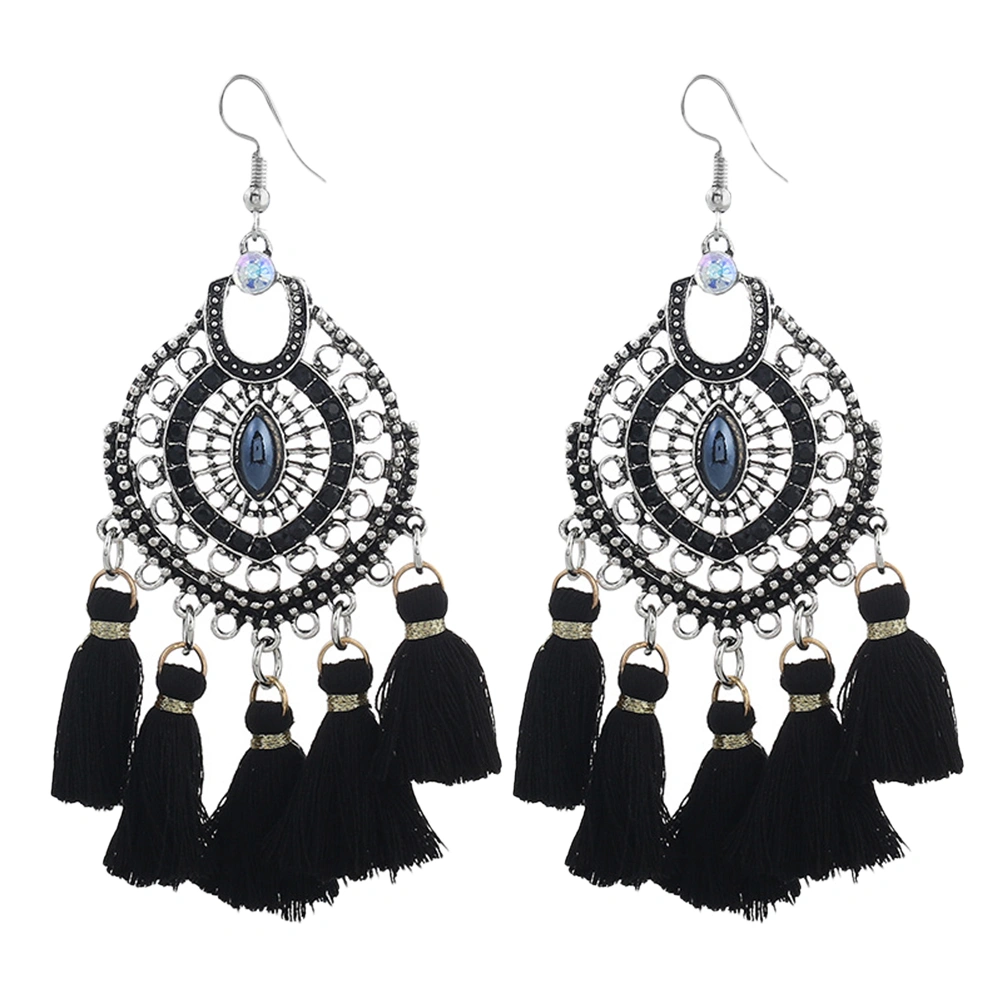Tassel Earrings Rattan Weaving Retro Jewelry Drop Earring Gift Travel Ethnic Tassel Earrings for Woman Lady (Black)