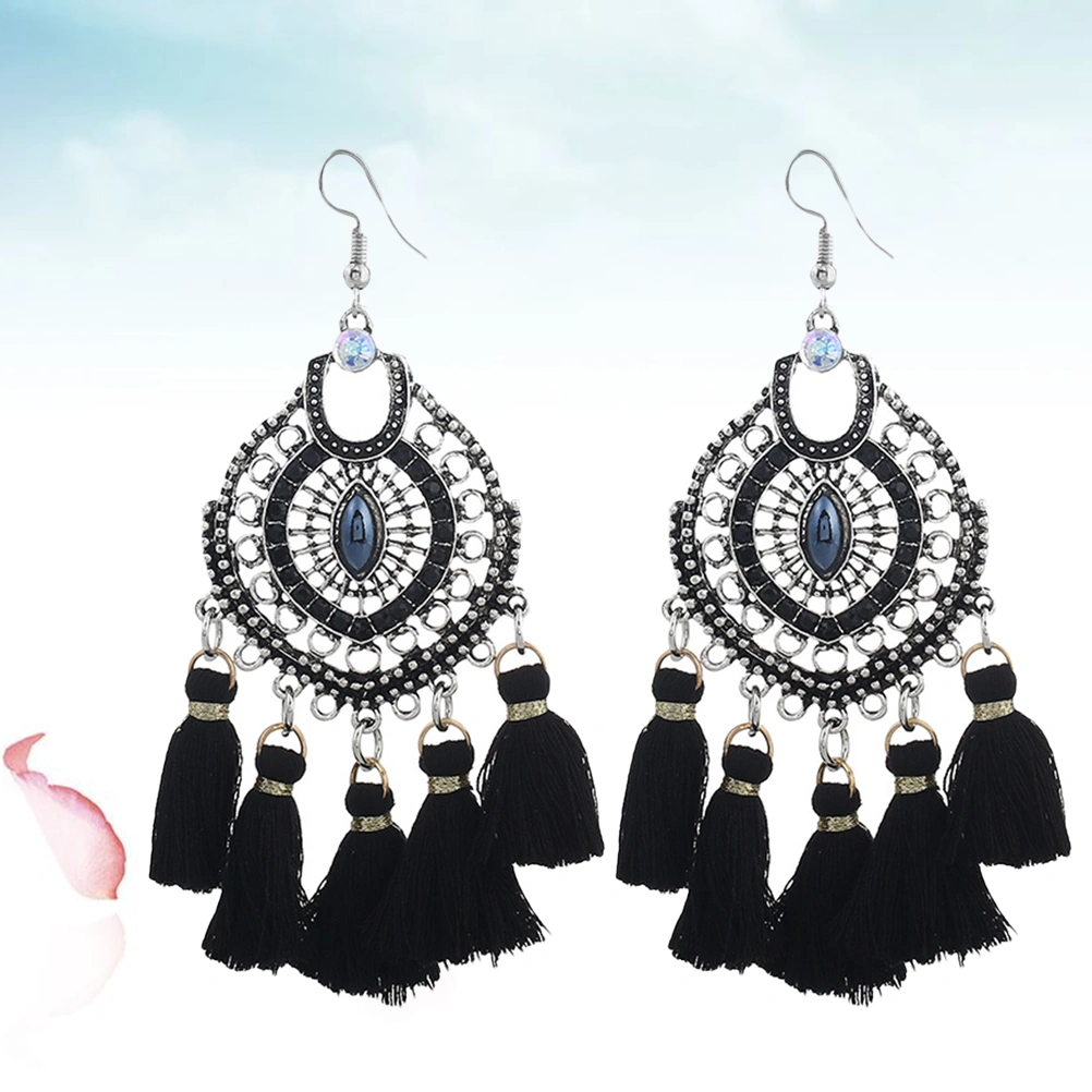 Tassel Earrings Rattan Weaving Retro Jewelry Drop Earring Gift Travel Ethnic Tassel Earrings for Woman Lady (Black)
