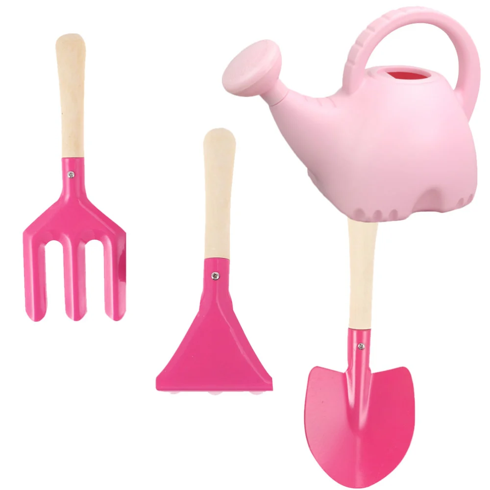 4pcs Cartoon Flower Watering Pot Wood Handle Watering Can Kids Planting Shovel Garden Tool (Pink)