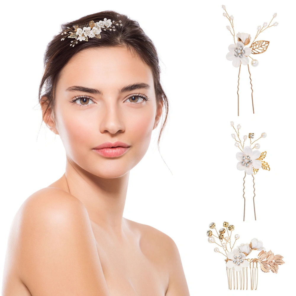 STOBOK 4pcs Wedding Bridal Hair Accessories Set Rhinestone Hair Side Combs U-shaped Hair Clips Pearl Hairpins