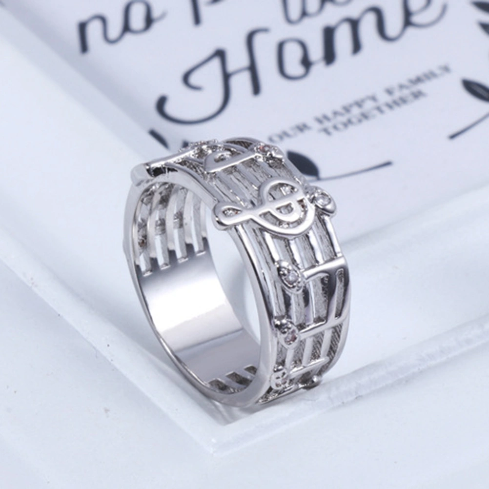 Platinum Plated Diamante Euryprosopic Rings Musical Note Pattern Rings for Music Lover Trendy Literature and Art for Women (Inner Diameter 20MM)
