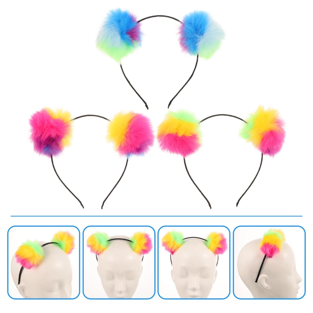 3pcs Pompom Ball Headband Iridescent Fluffy Ball Hair Loop Ear  Headband (Colorful)