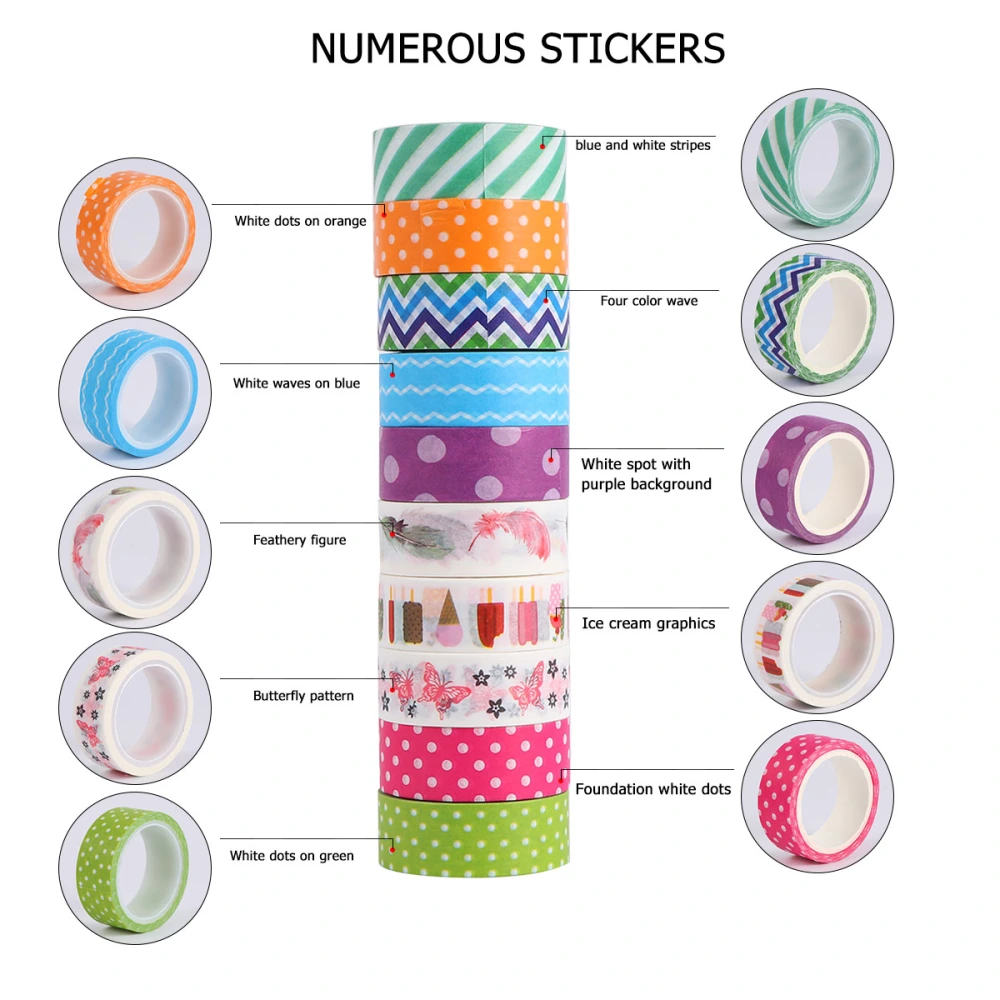 10 Rolls of Fashion Paper Tape Delicate Label Sticker Stylish Diary Hand Account Washi Paper Tape Beautiful Printed Paper Tape for Book Daily（tSeries）