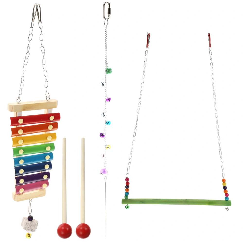 4pcs Bird Plaything Set Creative Xylophone with Fruit Skewers Parrot Swing