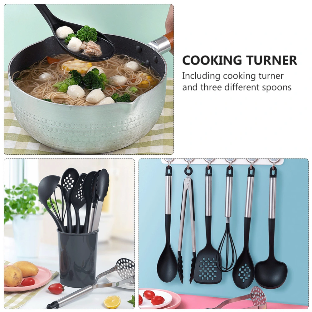 1 Set 4Pcs Stainless Steel Nylon Kitchenware Non-stick Turner Spoon Kit (Black)