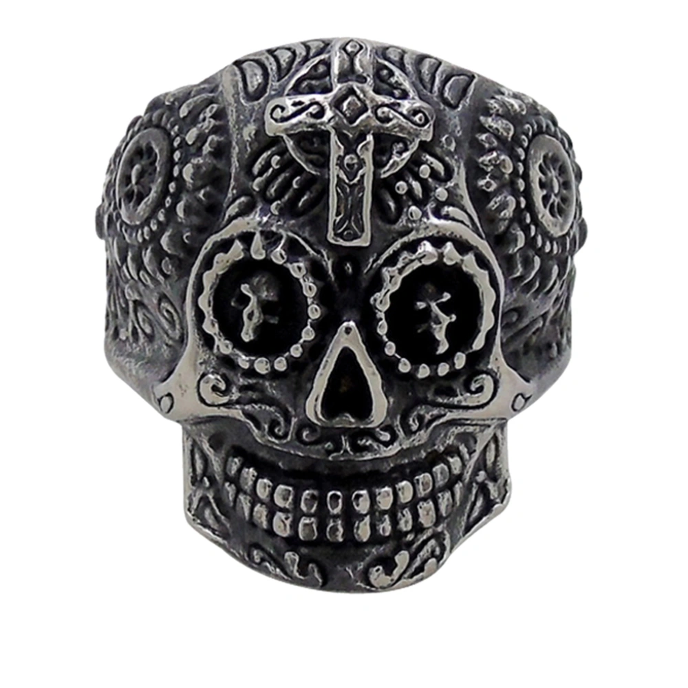 Skull Ring Retro Carved Cross Ring Ghost Head Ring Jewelry Accessories Ring for Halloween Festival (Steel Color Number 14)