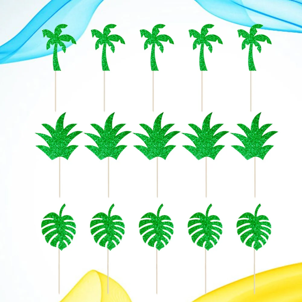 30pcs Green Glitter Paper Cake Toppers Monstera Cake Picks Coconut Tree Cake Decoration Birthday Party Dessert Insert Favor(10pcs Pineapple Leaves and 10pcs Monstera and Coconut Tree)