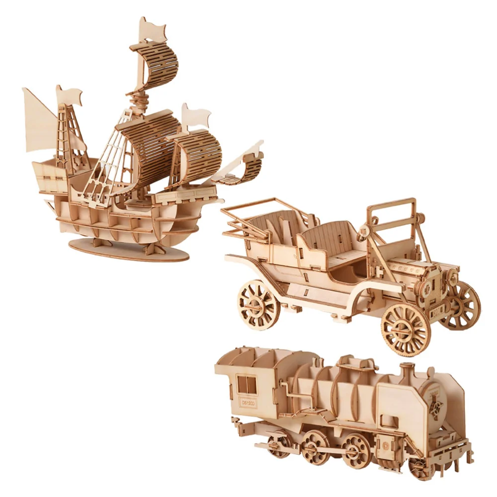 3 Set DIY Wooden Puzzle Plaything 3D Puzzle Toy Simulation Car Boat Train Style DIY Handmade Craft Jigsaw Puzzle Model (Mixed Style)