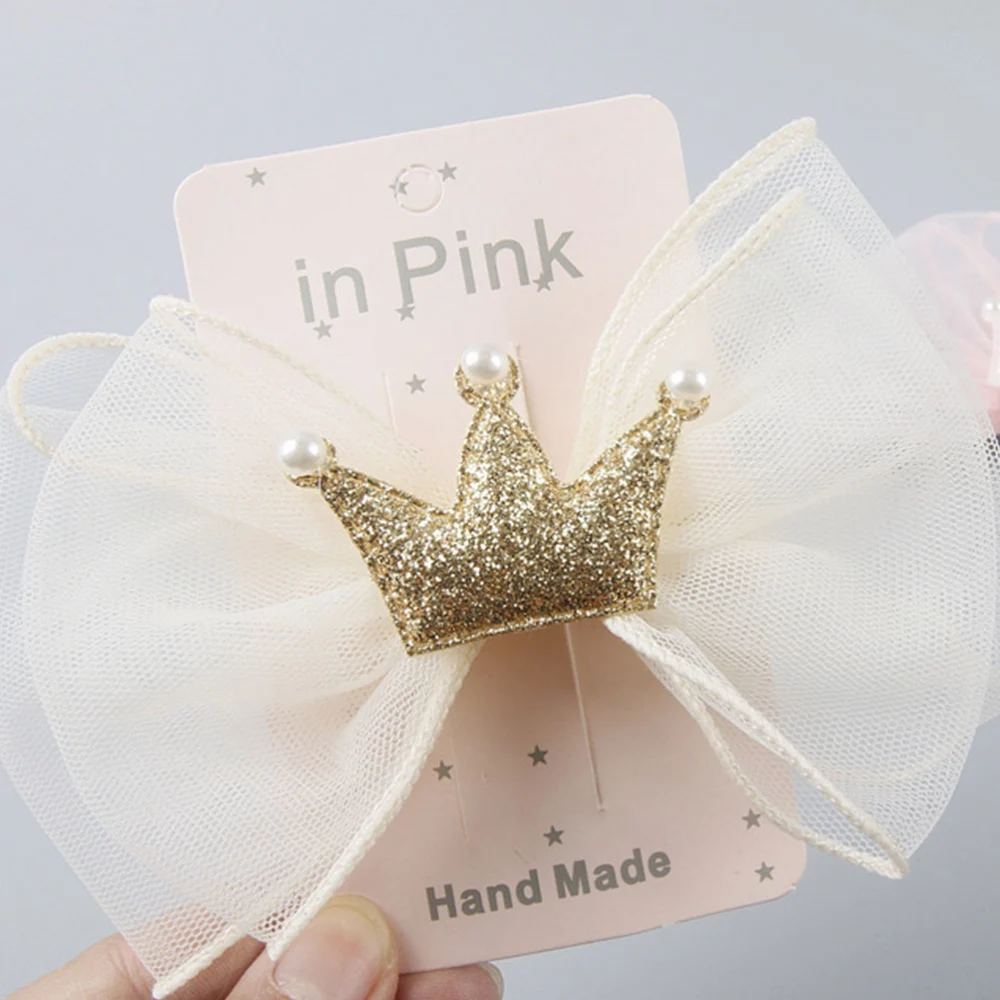 2PCS Girls Crown Hair Bows Clips Bowknot Lovely Barrettes Hairpins Hair Accessories for Kids Birthday Gift (Beige, Pink)