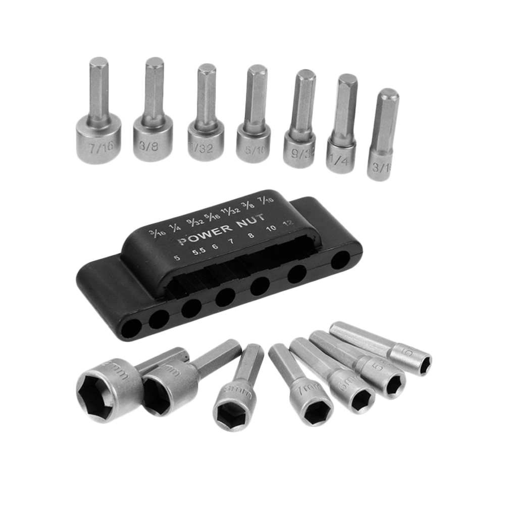 14pcs Tool Steel 40CR Strong Sleeve Wrench Hexagonal Handle Screw Spanner Pneumatic Bits Tool Accessories Power Nut Driver Drill Bit Metric Socket Wrench (Silver)