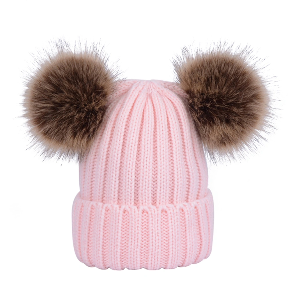 Baby Girls Boys Kids Winter Hat Warm Knitted Toddler Earflap with Fluffy Balls for Kids 0-6 Years Old (Pink)