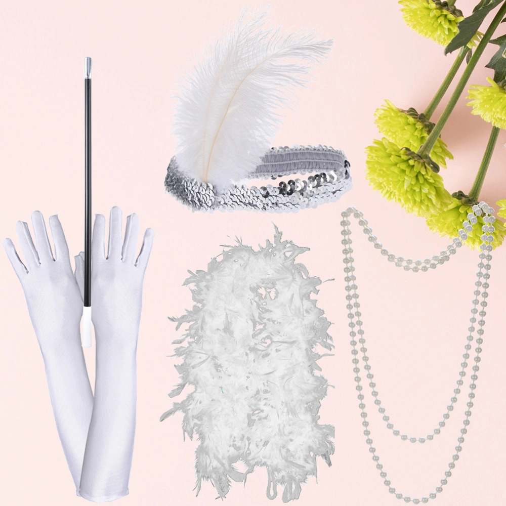 5pcs Halloween Girl Dress Up Accessories Feather Headband Necklace Long Gloves Cigarette Rod Party Props White