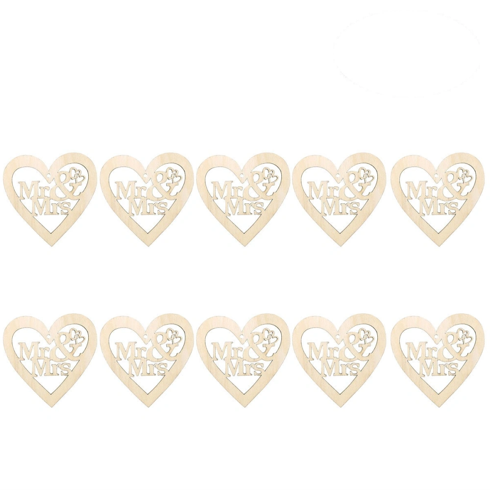 10pcs Heart Shaped Mr and Mrs Wooden Hanging Ornament Decoration Pendants with String (Wood Color)