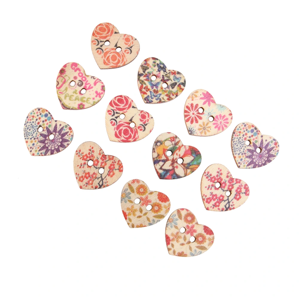 100pcs in 1 Bag Heart-Shaped Painted Printed Diy Wooden Buttons Mini Delicate Button for Clothes Bag Pants DIY Sewing