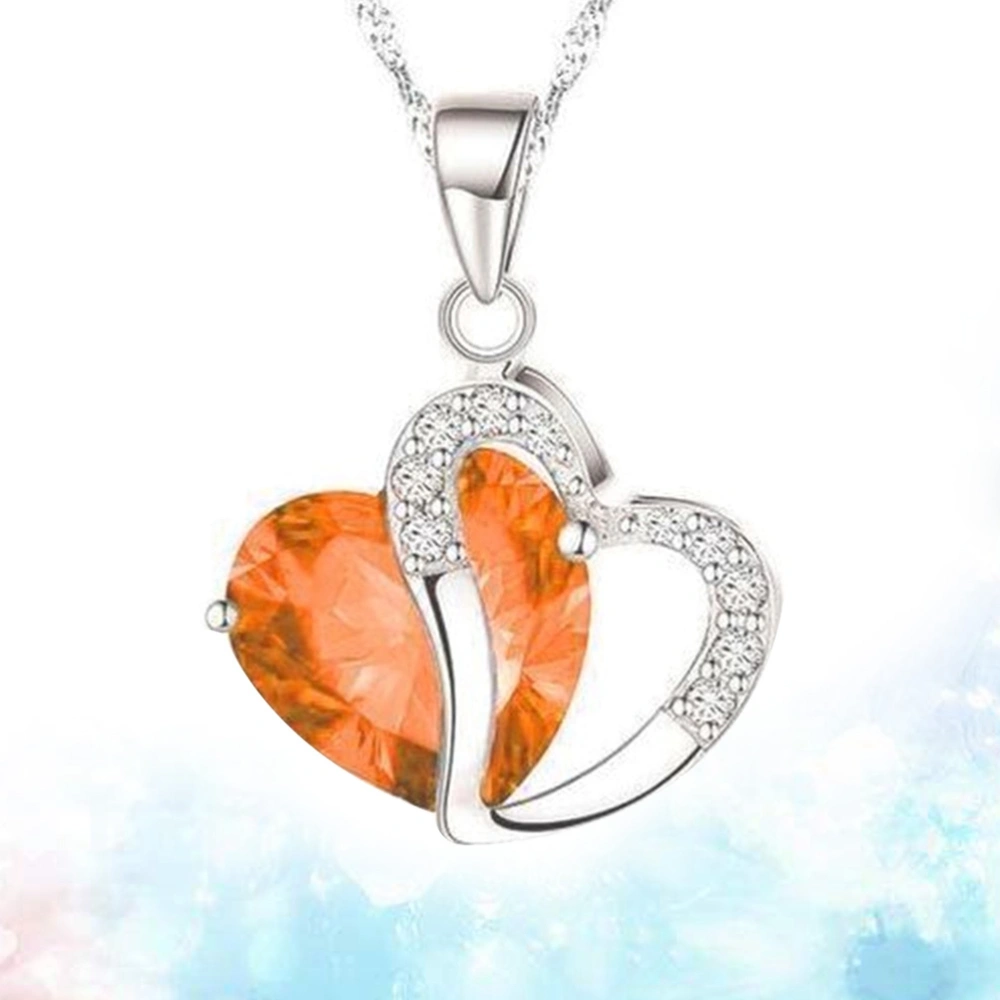 Silver Peach Heart Zircon Crystal Necklace Clavicular Chain Clavicle Chain Sweater Chain(Silver Orange)