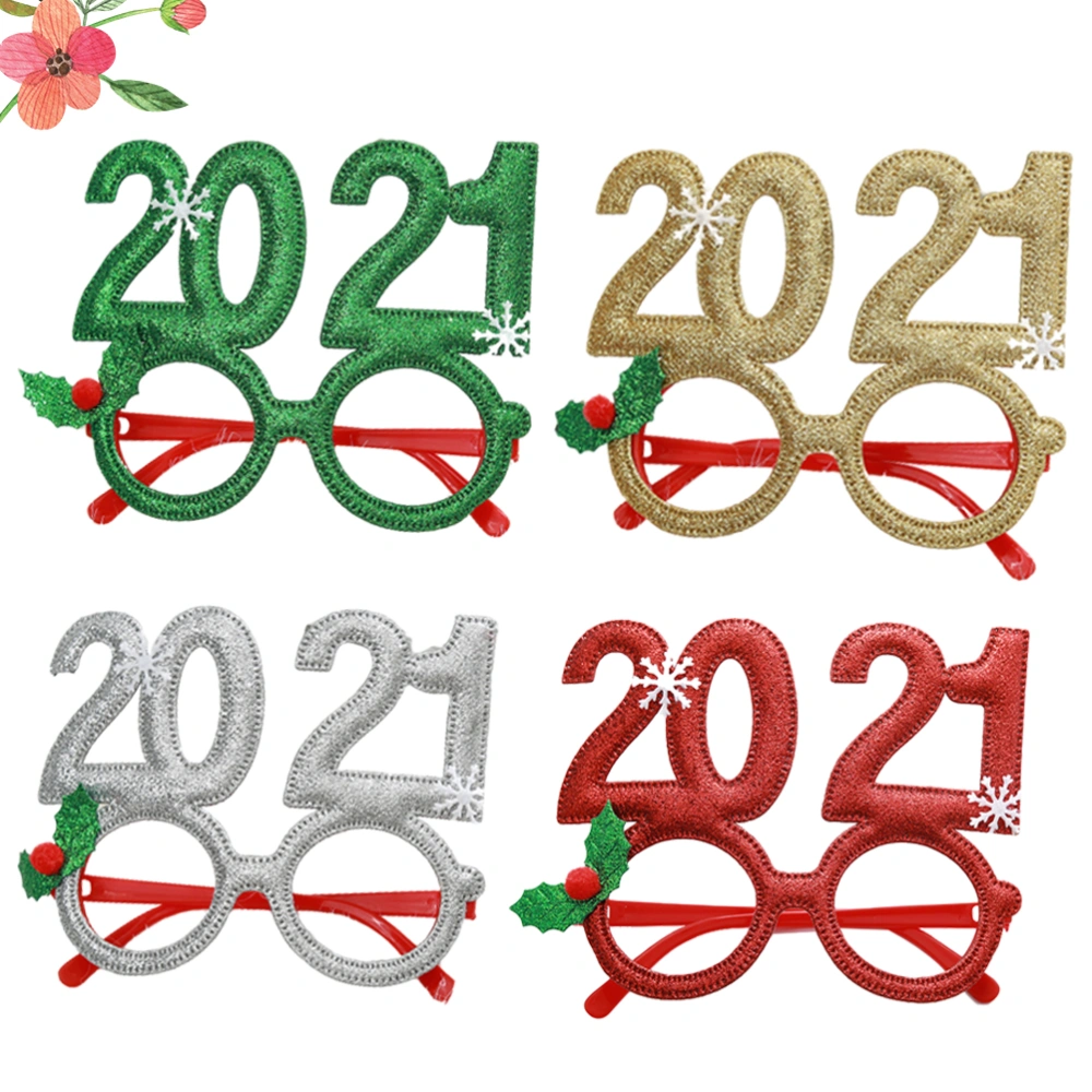 4pcs Christmas Snowflake Eyeglasses 2021 Digital Glasses Frames Creative Spectacles Party Photo Props New Years Glasses for Kids Man Woman (Golden Silver Red and Green)