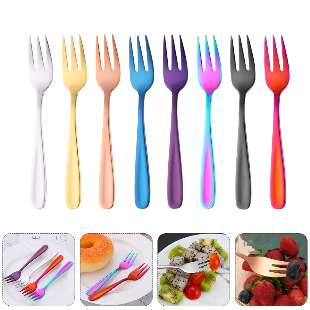 8pcs Stainless Steel Cake Forks Fruit Forks Home Food Forks (Assorted Color)
