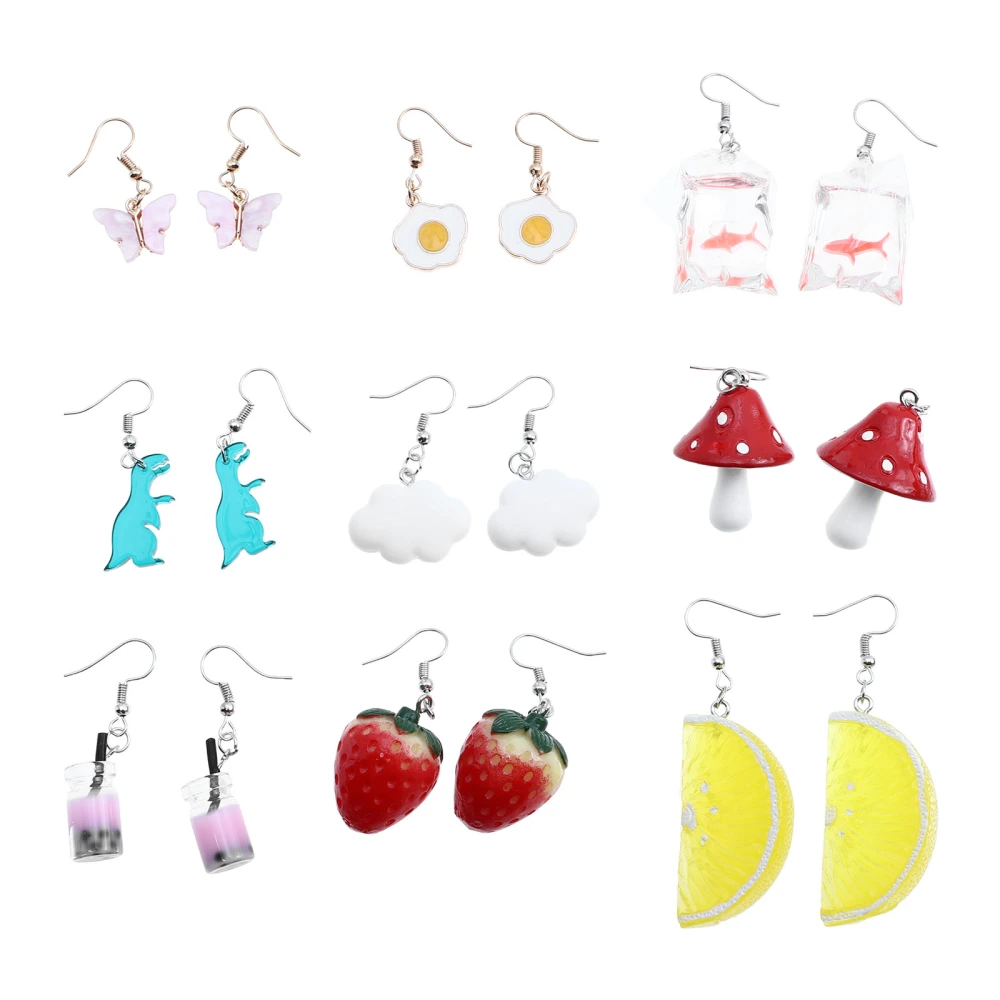 9 Pairs Cartoon Dinosaur Earring Strawberry Earrings Lovely Mushroom Eardrop