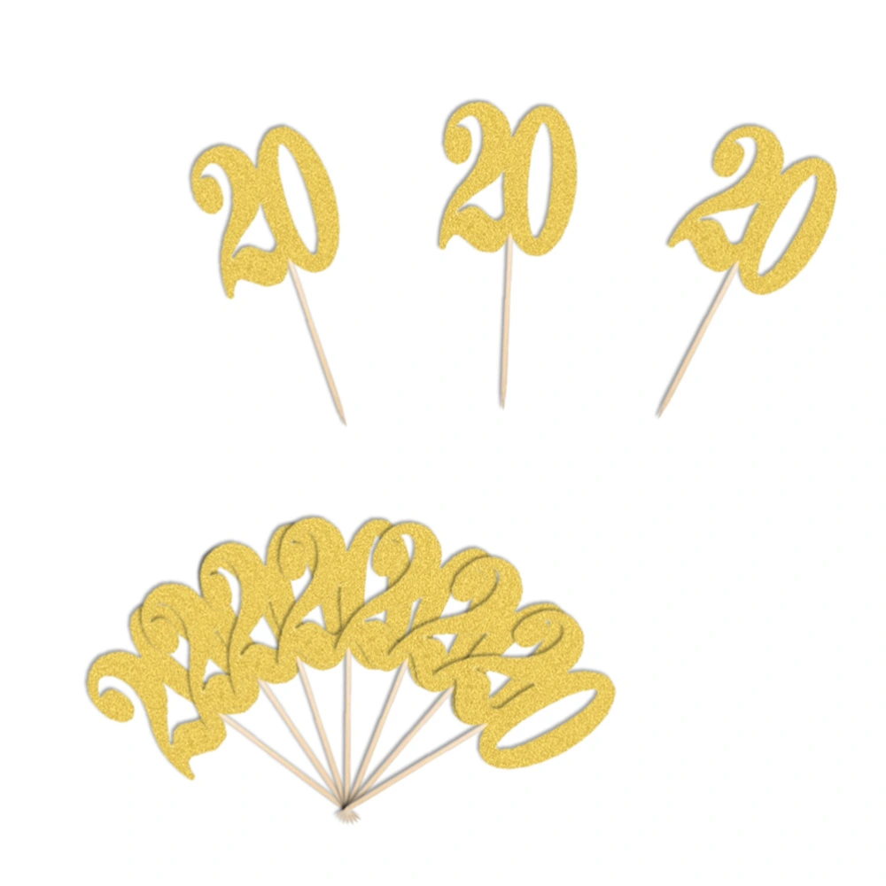 10pcs Number 20 Cupcake Pick Glitter Paper Cake Stick Pick Topper Decor Cake Decorations(Golden)