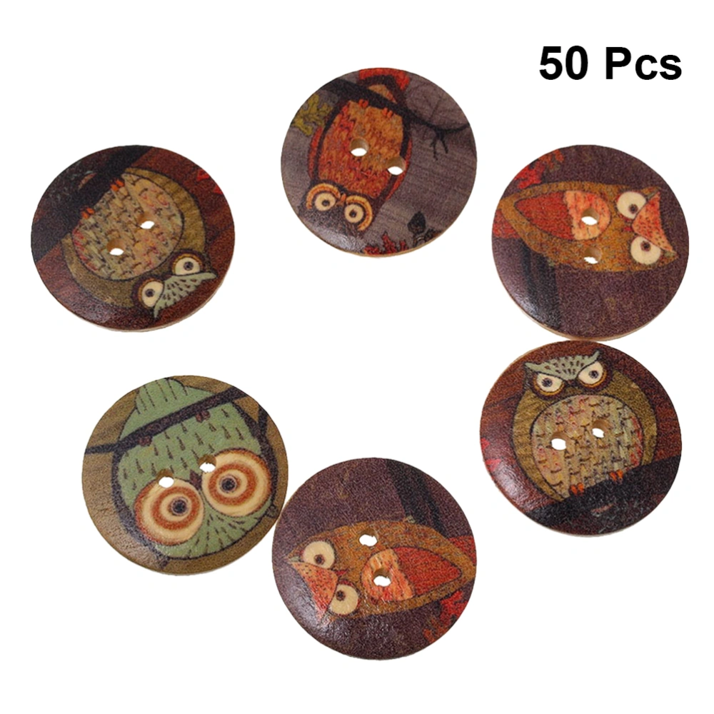 50 Pcs 3CM Double Holes Natural Color Printed Wooden Buttons Owl Pattern Printed DIY Press Studs Snaps for Sweater Shirt Trousers Coat Jeans