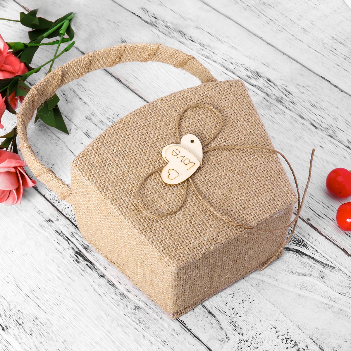 WINOMO Vintage Wedding Burlap Hessian Flower Girl Basket with Wooden Heart