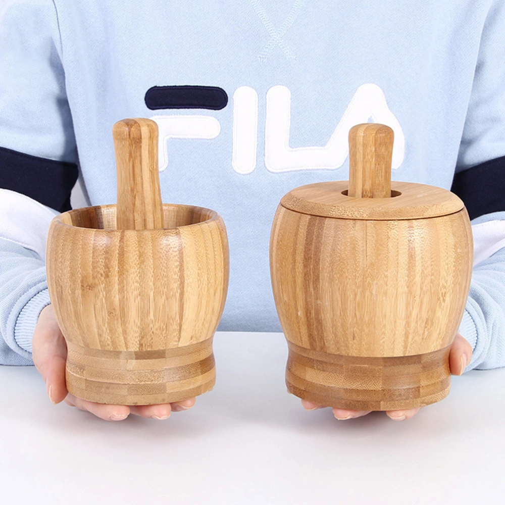 Bamboo Garlic Press Pot Mortar and Pestle Set Household Food Grinder Kitchen Accessories for Home Restaurant Kitchen with Lid (Log Color, Medium Size)