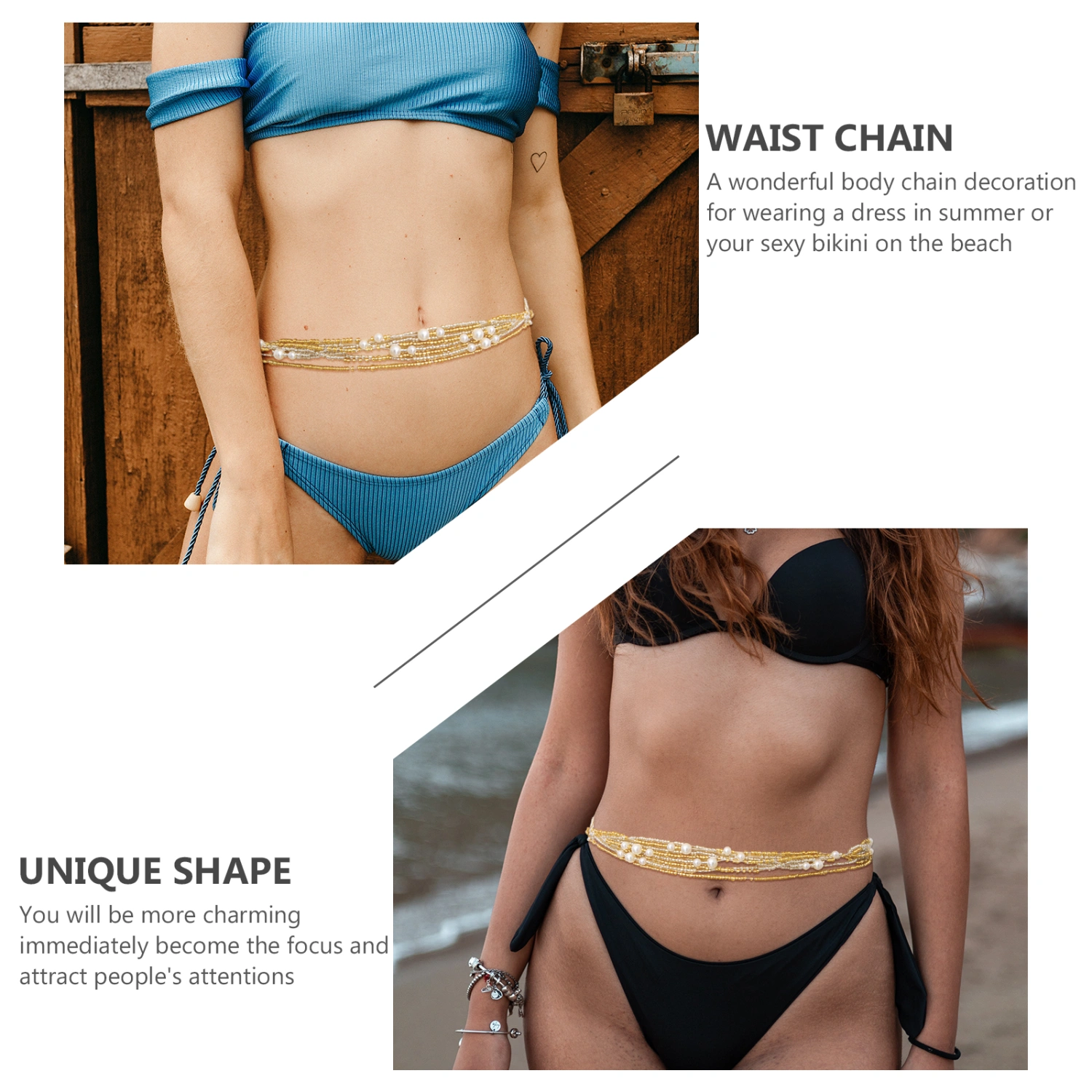 2 Sets Waist Chain Fashionable Waist Body Chain Body Decoration (Golden,Silver)