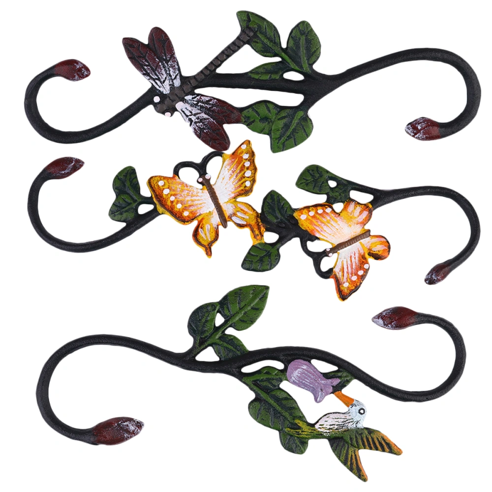 3PCS Rural Painting Hook S-shaped Animal Hooks Iron Art Hook Hanging Basket Flowerpot Hook for Gardening Indoor Outdoor(Dragonfly, Butterfly, Kingfisher)