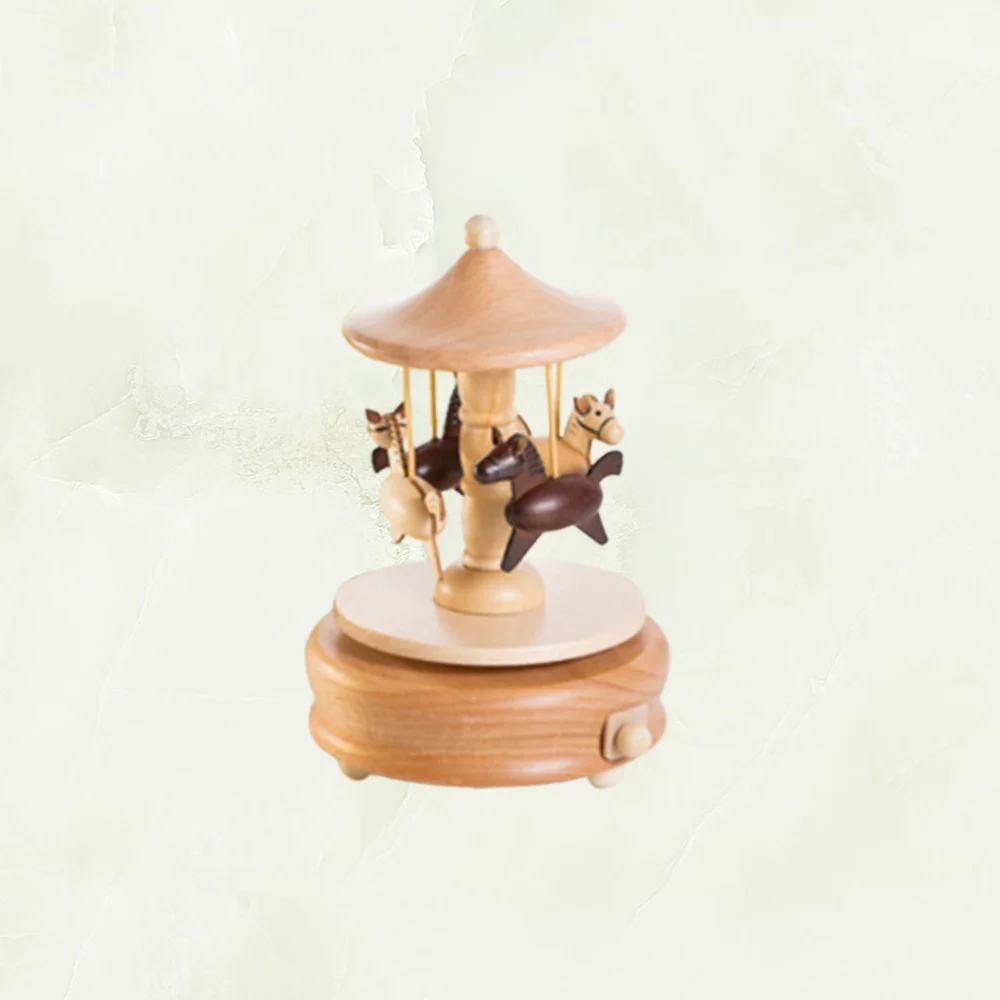 Round Carousel Clockwork Music Box Fashion Wood Carved Wind up Music Box Desktop Decoration Gift for Birthday Wedding Valentine's Day