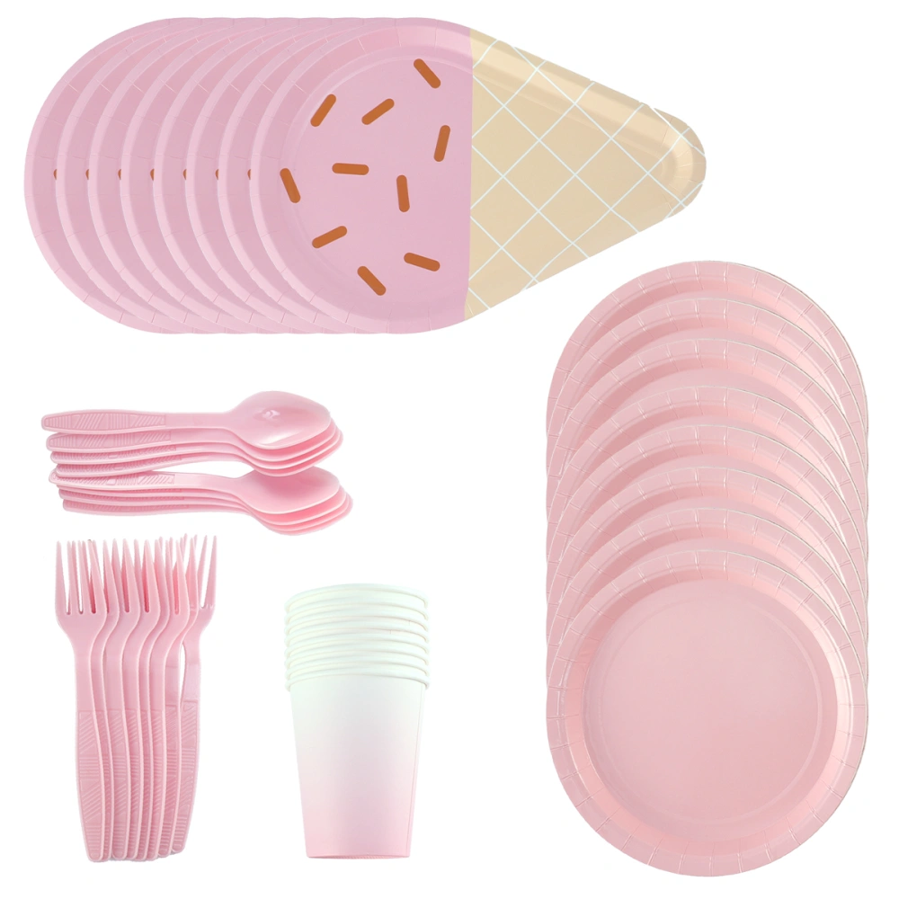 1 Set 40pcs Party Ice Cream Paper Plate Disposable Cake Tray Tableware Paper Cutlery Party Supplies (Ice Cream Paper Plate + Round Paper Plate + Paper Cup + Fork + Spoon for Each 8pcs Pink)