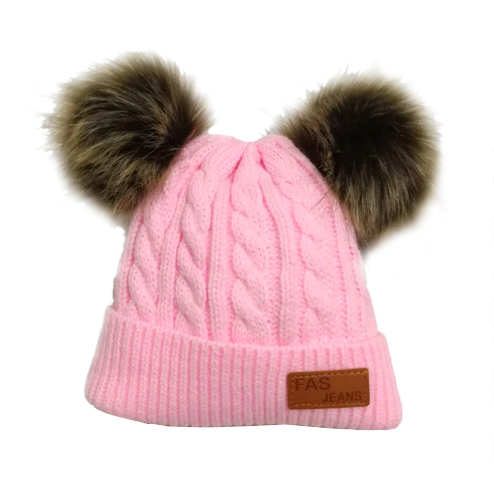 Double Pompom Child Kids Beanie Hat Baby Fur Ball Knitted Caps Autumn Winter Warm Crochet Girls Boys Hats (Pink)