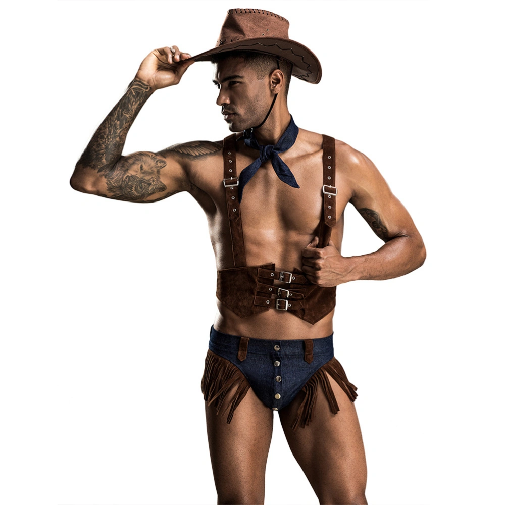 1 Set Male Sexy West Cowboy Cosplay Underwear Lingerie Set Outfits Performance Costume Free Size Cloth Light Brown (Vest, Hat, Shorts, Scarf)