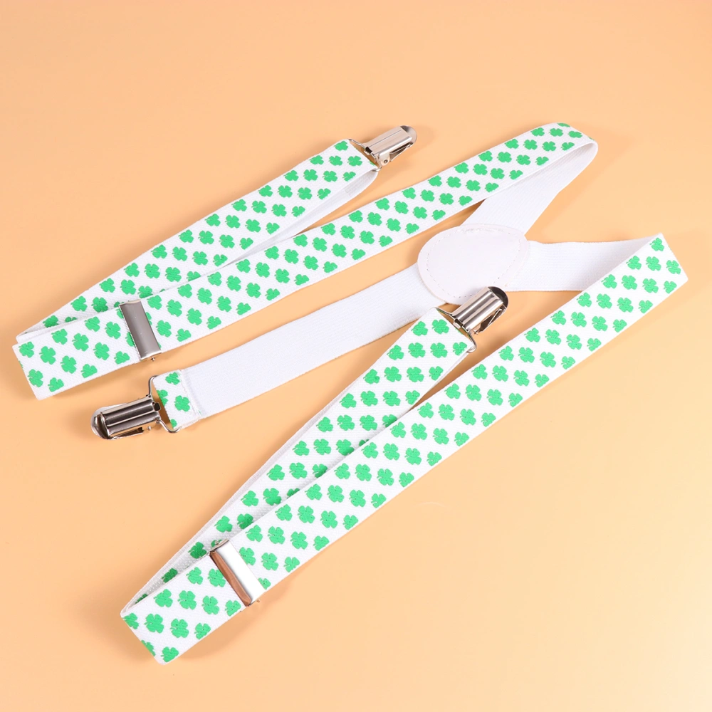 2pcs 2.5cm Width Four Leaf Clover Suspenders Practical 3 Clips Elastic Braces for Men Women (White Background)