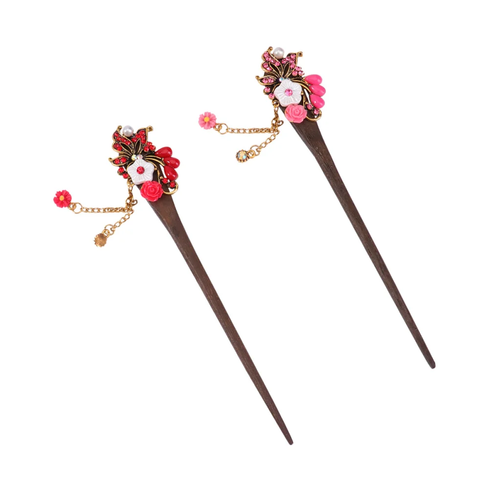 2PCS Wooden Rhinestone Royal Court Hairpin National Style Vintage Flower Hair Chopstick Hair Accessories for Women Bride (Red/Pink)