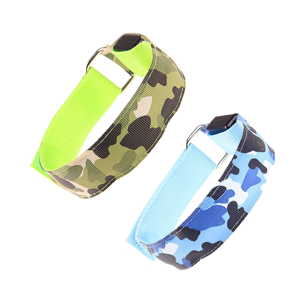 2 Pcs Camouflage Outdoor LED Glowing Slap Bracelet Bangle Wristband for Night Activities Running Hiking Party Favors (Blue, Green Lighting Style)