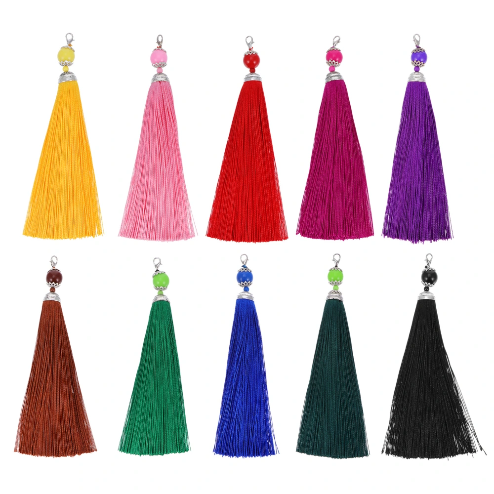 10pcs Silky Floss Lobster Clasp Tassel Key Chain Beads Long Tassel Pendant